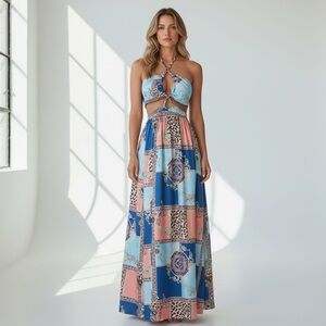 NEW Chicways Patchwork Animal Print Thigh High Slits Blue Coral Maxi Dress